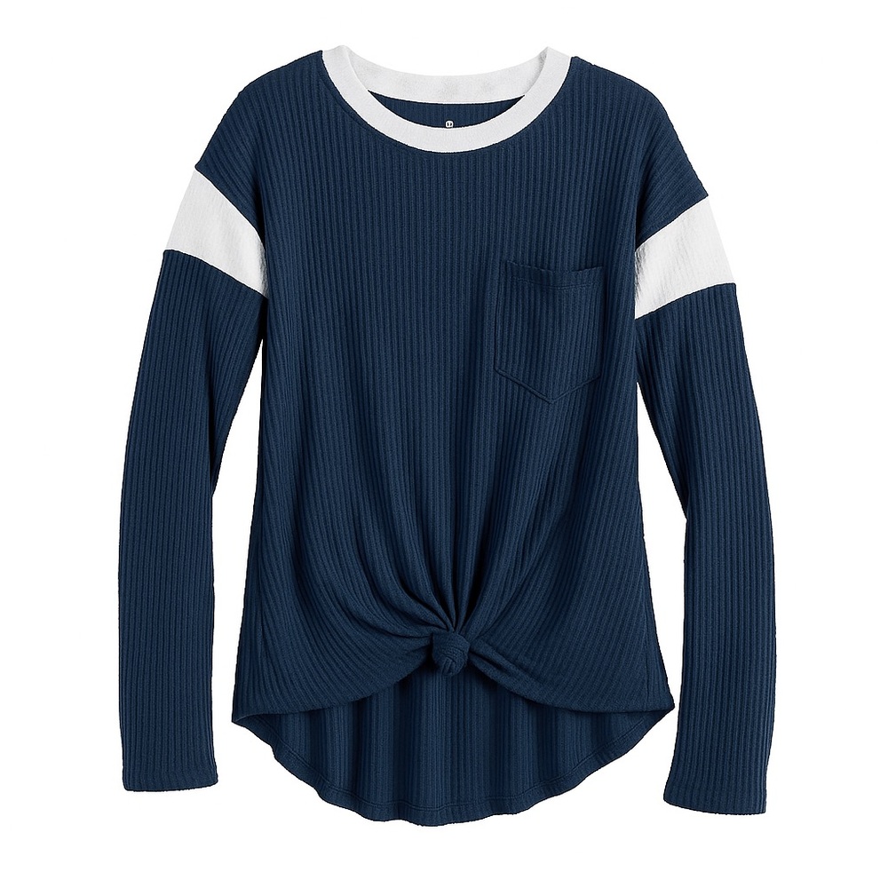 SO® Knot Front Waffle Knit Varsity Top In Blue & White, Size: M